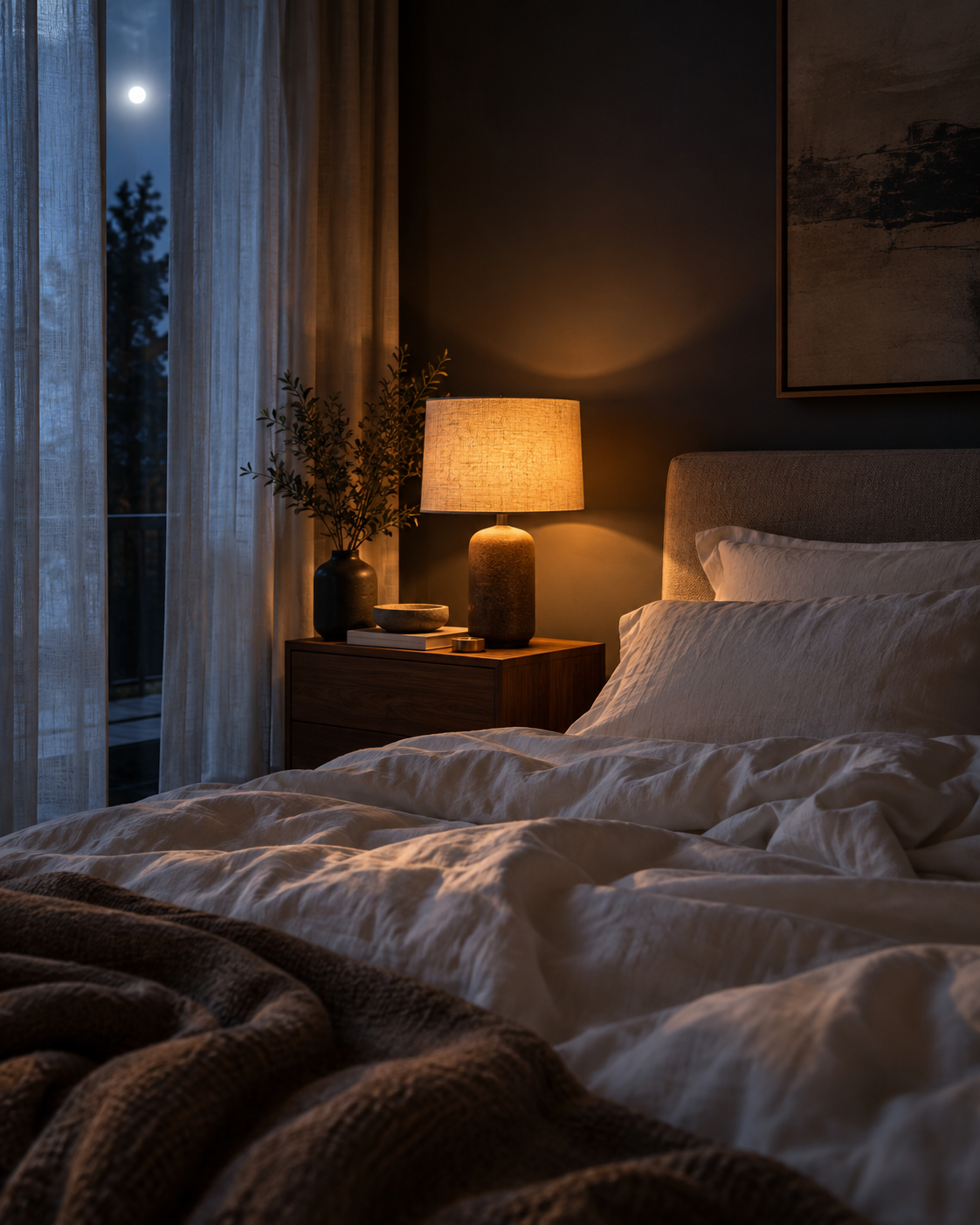 Een rustige slaapkamer met warm lamplicht en zacht beddengoed